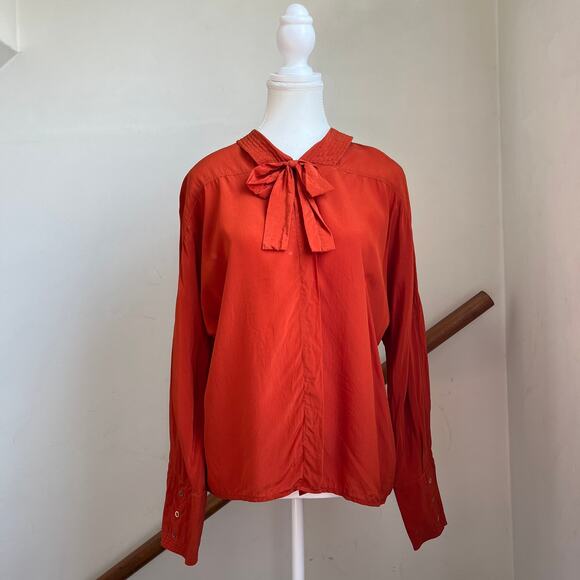Vintage Orange 100% Silk‎ Bow Tie Peter Pan Collar Secretary Blouse Top - Picture 3 of 13